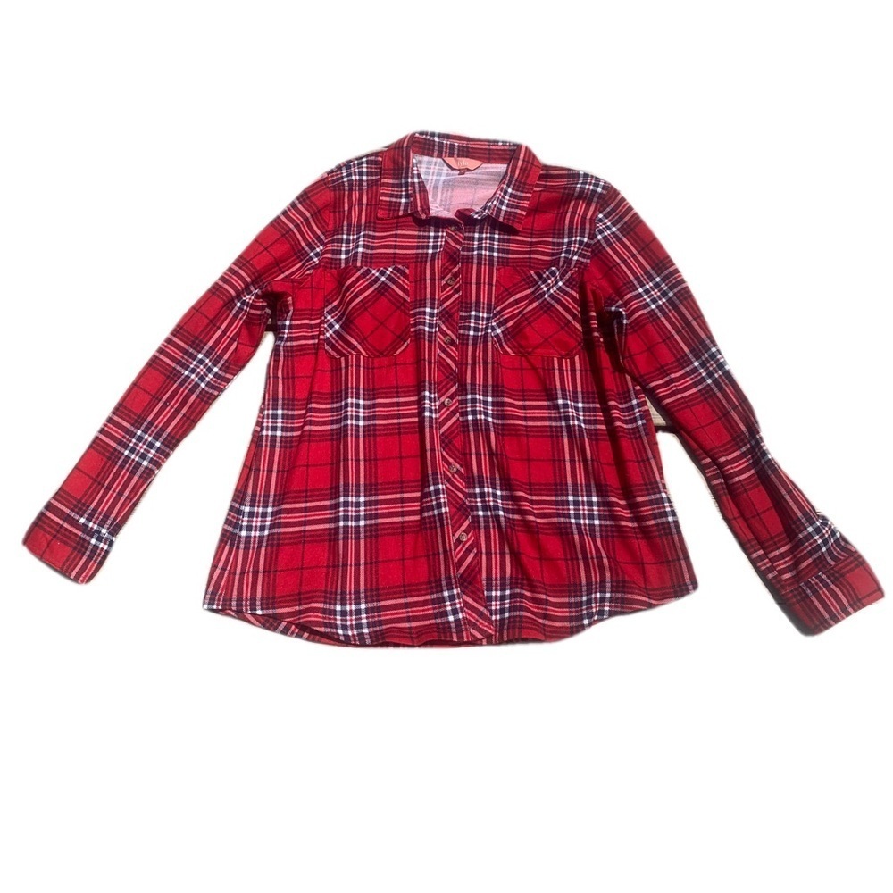 💜 Iyla by Fila Red & Navy Plaid Flannel Button-Up Shirt Size M